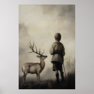 Poster Menino e Veado Arte Impressa Vintage Paisagem Mal-