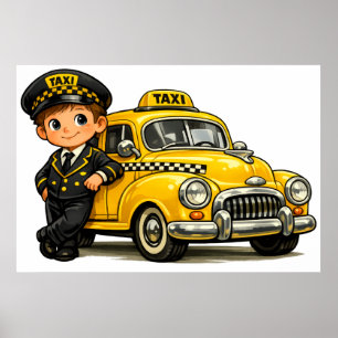 Poster Menino Motorista de Táxi Retrô com Camisa de Carro