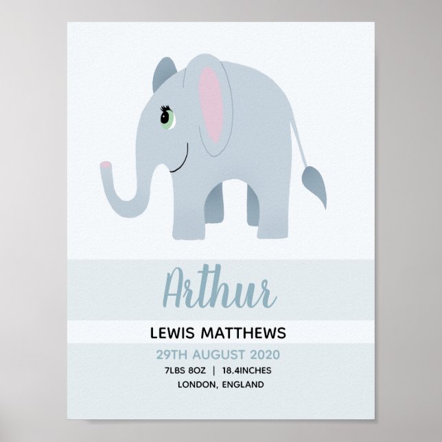 Poster Meninos Cute Safari Elephant Birth Stats Baby Nurs (Frente)