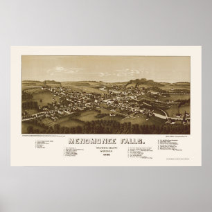 Póster Menomonee Falls, mapa panorâmico dos WI - 1886