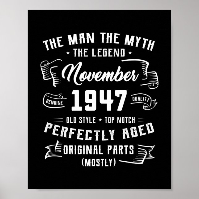 Poster Mens Man Myth Legend November 1947 75th Birthday (Frente)