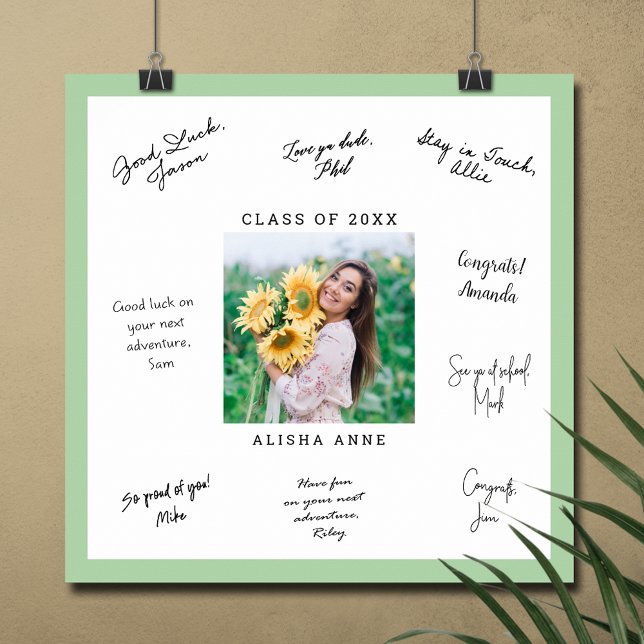 Poster Mensagem PERSONALIZADA de Assinatura de Graduação  (Graduation autograph photo poster with light green border, INSTANT DOWNLOAD and/or PRINTED)