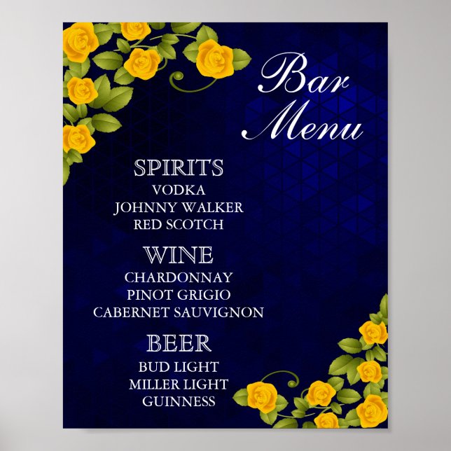Poster Menu bar - Azul escuro e Flor Amarelo Marigold (Frente)