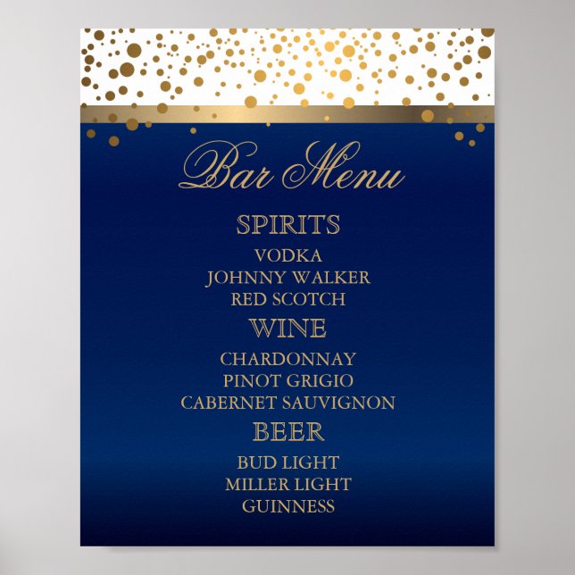 Póster Menu bar - Branco e Azul Marinho com Confetti Dour (Frente)