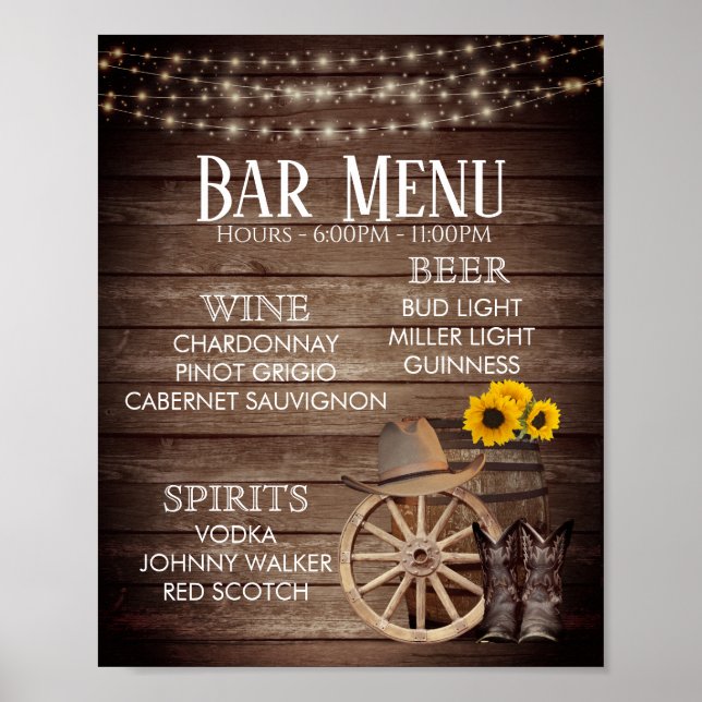 Poster Menu bar - Casamento do barril de madeira do país (Frente)