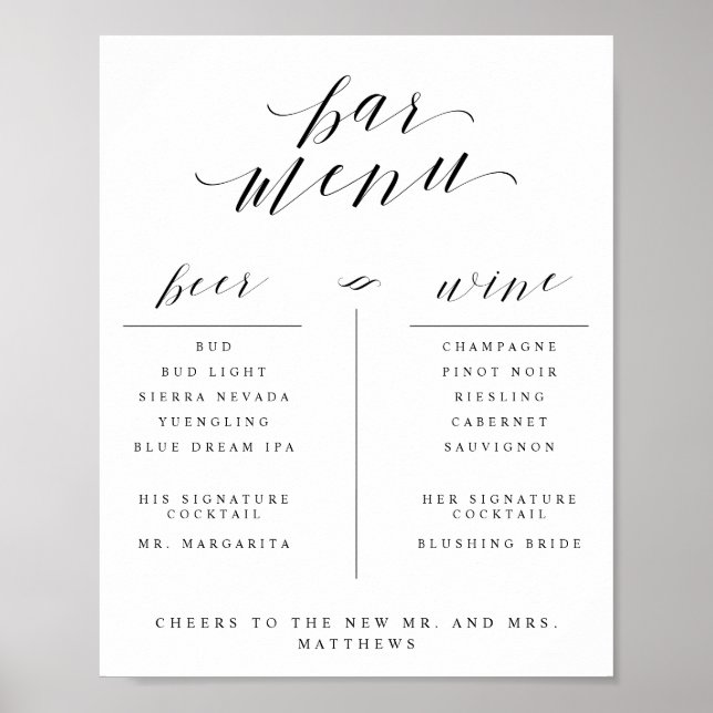 Poster Menu bar com Sinal de Lista de Beer de Vinho e Coc (Frente)