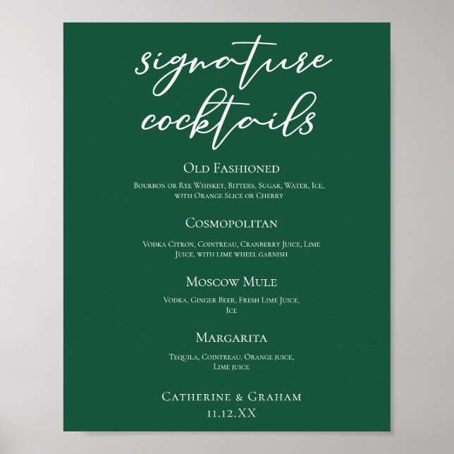 Poster Menu Bar de Assinatura de Casamento Verde Emerald  (Frente)