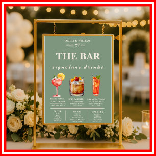 Poster Menu Bar de Assinatura de Casamento Verde Sage Beb