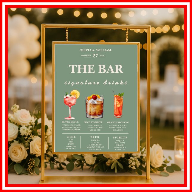 Poster Menu Bar de Assinatura de Casamento Verde Sage Beb (Criador carregado)