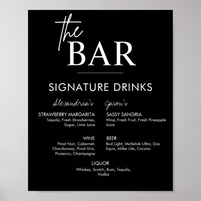 Poster Menu Bar de Bebidas de Assinatura de Casamento Pre (Frente)
