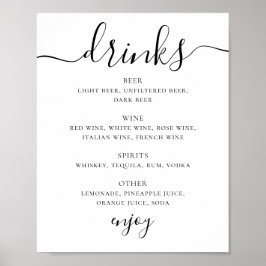Poster Menu bar de bebidas de casamento com script preto 