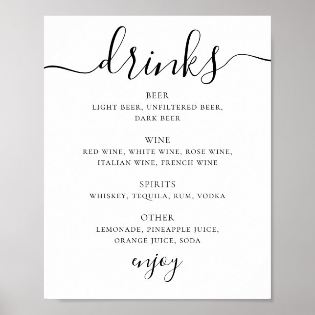 Poster Menu bar de bebidas de casamento com script preto  (Frente)