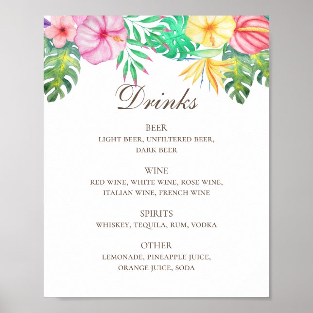 Poster Menu bar de bebidas florais florais com aquarela (Frente)