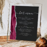 Poster Menu Bar de Casamento Agate Prata Borgonha Escuro<br><div class="desc">Um sinal elegante para o seu menu de bar de casamento. As palavras "menu bar" aparecem na caligrafia da cinza prateada com baloiços no início e no fim, com texto personalizável abaixo. Uma coloração d'água borrifada agata design, aparada com cintilação cintilante prateada, decora a borda esquerda em um fundo preto...</div>