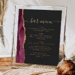 Poster Menu Bar de Casamento Borgonha Dourada Agate Dark<br><div class="desc">Um sinal elegante para o seu menu de bar de casamento. As palavras "menu bar" aparecem na caligrafia dourada com hastes no início e no fim, com texto personalizável abaixo. Uma coloração d'água borrifada agata design aparada com brilho dourado faux decora a borda esquerda em um fundo preto ardente. Veja...</div>