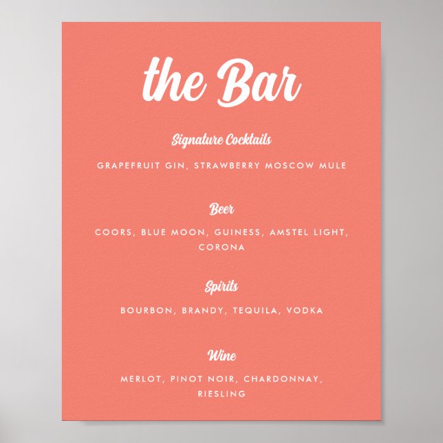 Poster Menu Bar de Casamento de Script Moderno Coral Rosa (Frente)