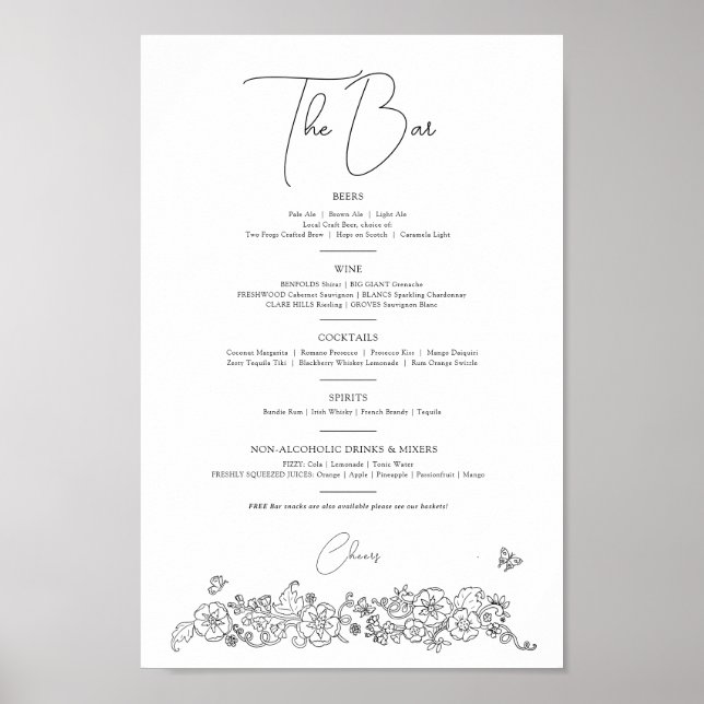 Poster menu bar primavera line art drinques de casamento (Frente)
