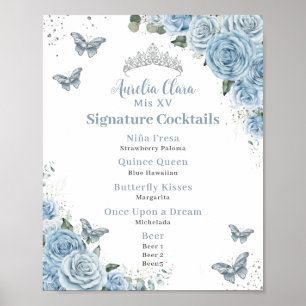 Poster Menu Bebê Blue Floral Silver Quinceanera Bar