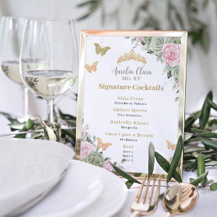 Poster Menu Bebida do Bar de Quinceanera Floral Cor Verde