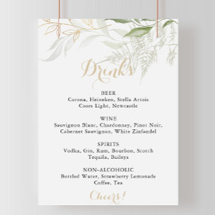 Poster Menu Bebidas de Casamento Dourado Sinal de Folhage