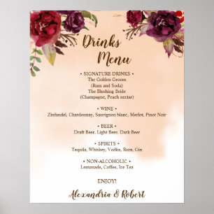 Poster Menu Bebidas Flores de Borgonha Sinal de Casamento