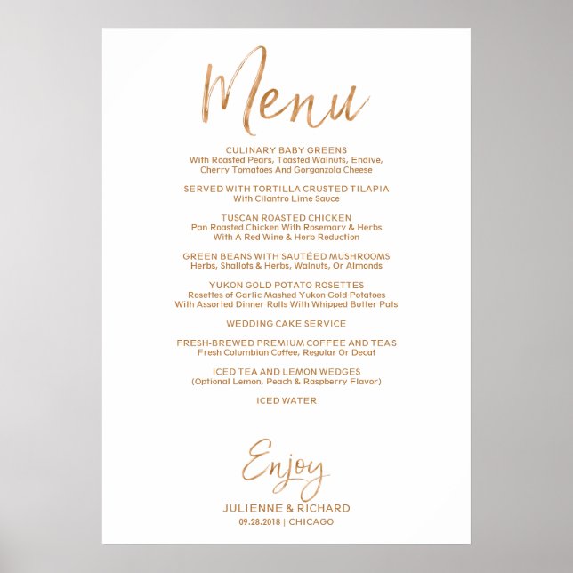 Poster Menu Buffet de Casamento | Na moda Dourado Rosa, c (Frente)