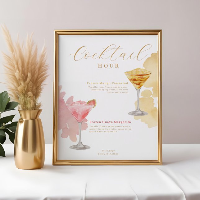 Poster Menu Casamento Cocktail Hour Watercolor Cocktails (Cocktail Hour Watercolor Cocktails Wedding Menu Poster)