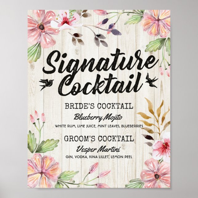 Poster Menu Chic Floral Signature Cocktail Drink (Frente)