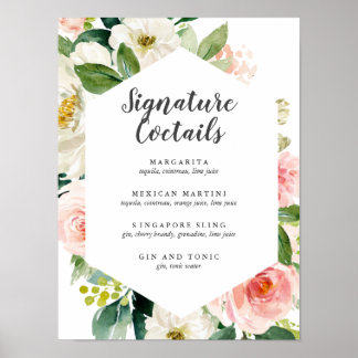 Poster Menu Cocktail de Assinatura Floral Cor-de-Rosa Esp