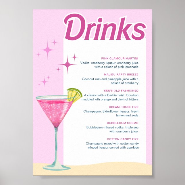 Poster Menu Cocktail de Bachelorette de Partido Rosa (Frente)