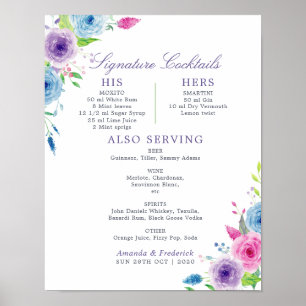Poster Menu Cocktails de Assinatura de Casamento Floral d