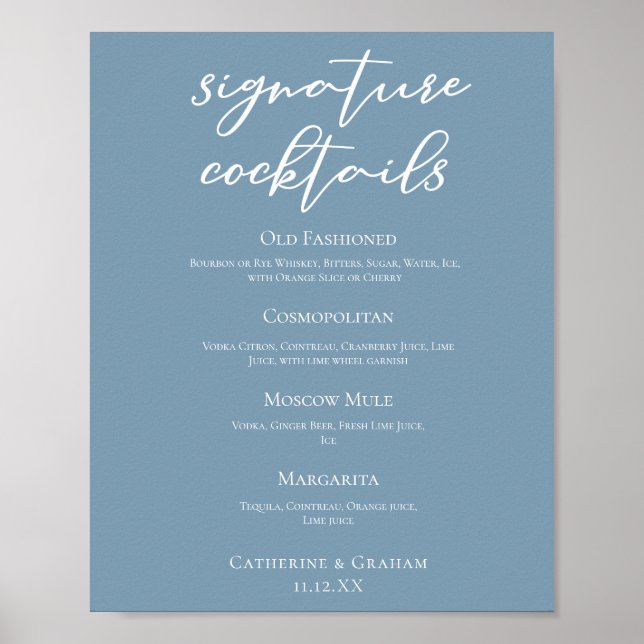 Poster Menu Cocktails de Assinatura de Casamento Rosa-Ros (Frente)