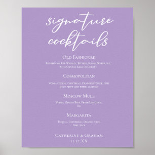 Poster Menu Cocktails de Assinatura de Casamento Roxo Lil