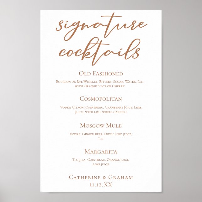 Poster Menu Cocktails de Assinatura de Casamento Sienna B (Frente)