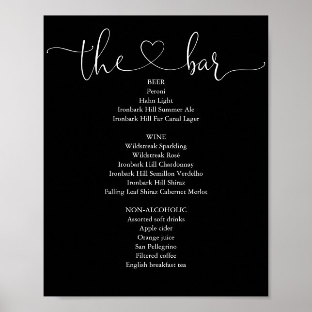 Poster Menu de Bar com Coração em Script Preto e Branco (Frente)