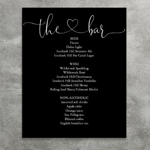 Poster Menu de Bar com Coração em Script Preto e Branco