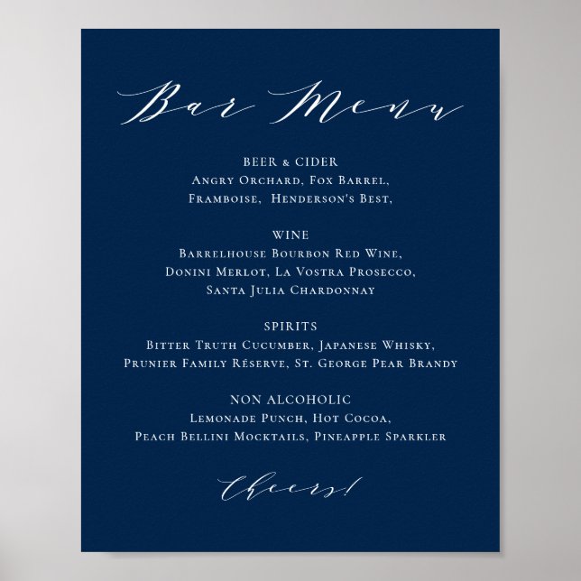Poster Menu de Bar de Casamento Azul Navy com Letra Minim (Frente)