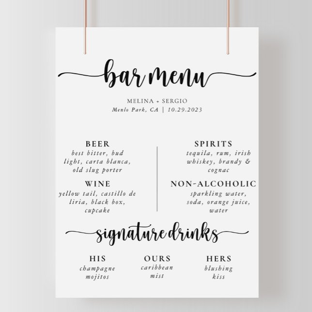 Poster Menu de Bar de Casamento Clássico Caligrafia Elega (Criador carregado)