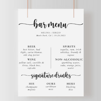 Poster Menu de Bar de Casamento Clássico com Caligrafia E