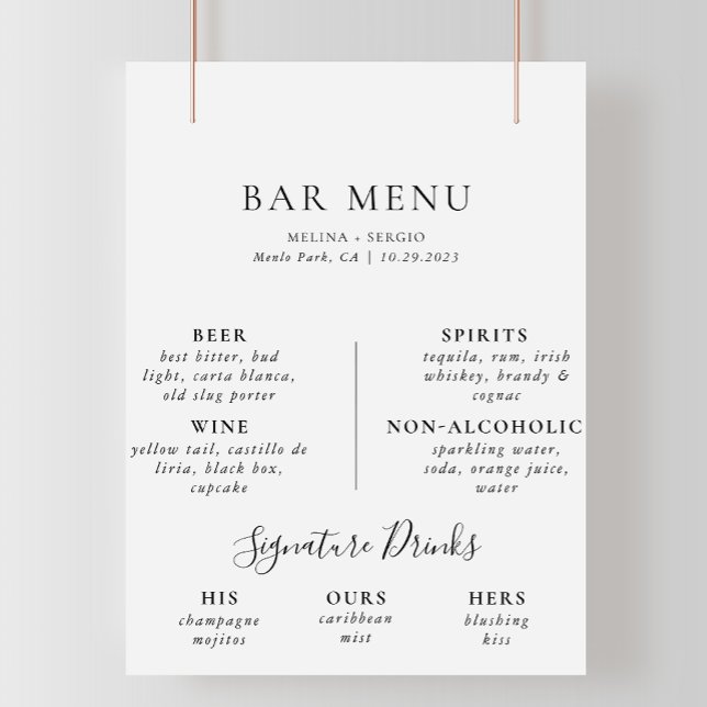 Poster Menu de Bar de Casamento com Caligrafia Minimalist (Criador carregado)