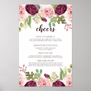 Poster Menu de Bar de Casamento Romântico Blooms