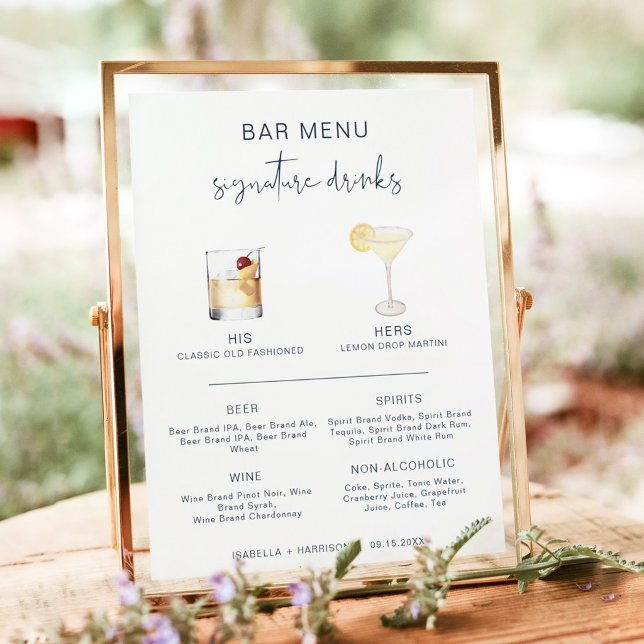 Poster Menu de Bar de Drinks CAITLIN Navy Cocktail Signat (Edgy Modern Minimalist Navy Blue Watercolor Drink Wedding Bar Menu Sign)