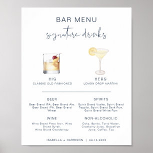 Poster Menu de Bar de Drinks CAITLIN Navy Cocktail Signat