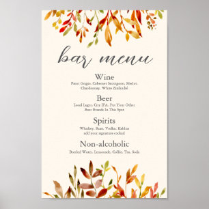 Poster Menu de Bar de Folhas Personalizadas de Casamento