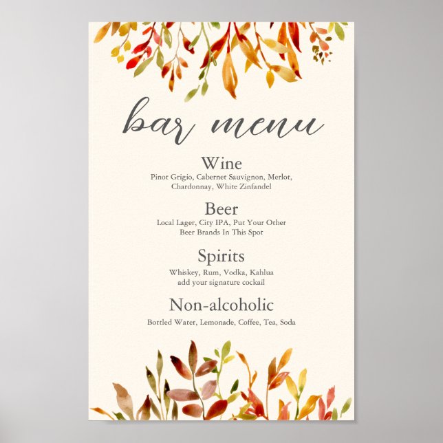 Poster Menu de Bar de Folhas Personalizadas de Casamento  (Frente)