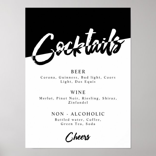 Poster Menu de Bebida Chic Black and White Party (Frente)