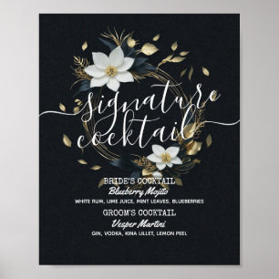 Poster Menu de Bebida de Assinatura Floral Dourada