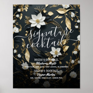Poster Menu de Bebida de Assinatura Floral Dourada