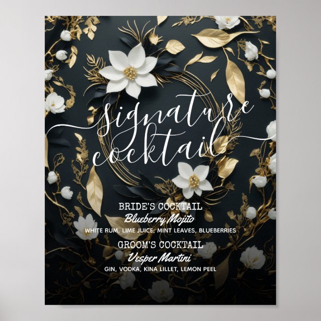 Poster Menu de Bebida de Assinatura Floral Dourada (Frente)