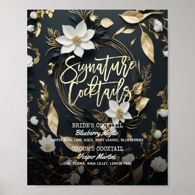 Poster Menu de Bebida de Assinatura Floral Dourada (Frente)